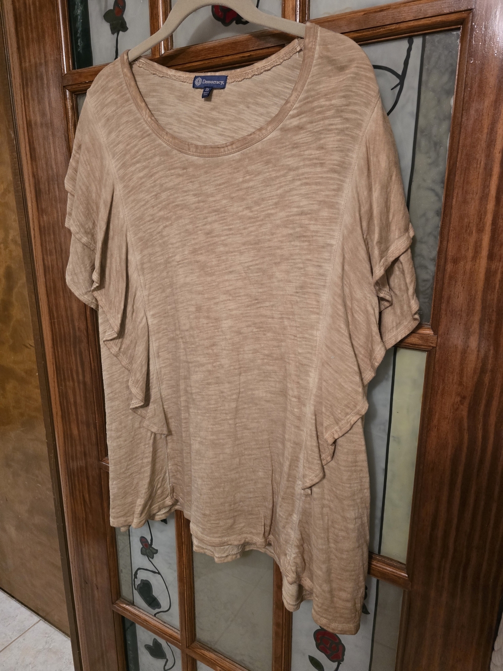 Democracy Women's Taupe Ruffle Sleeve Scoop Neck Top